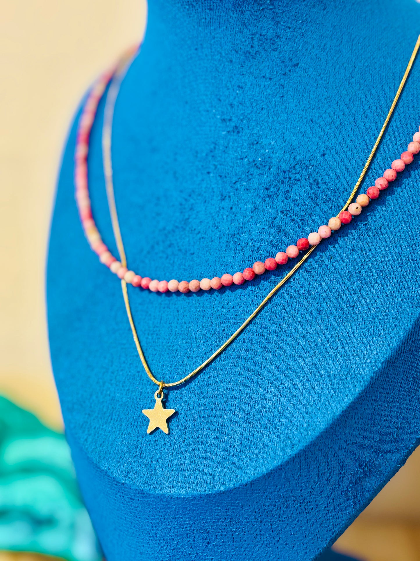 Collier double – rhodochrosite facette & étoile dorée